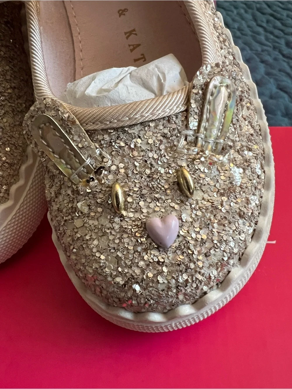 Kelly & Katie Girls Gold Glitter Mary Jane Shoes with Pink Bunny Heart Accent